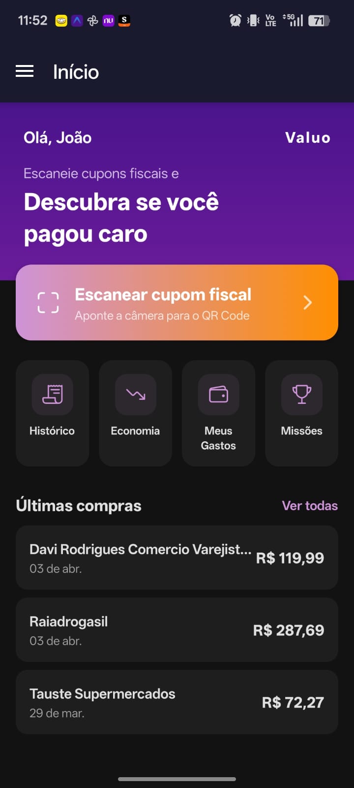 Tela inicial do Valuo