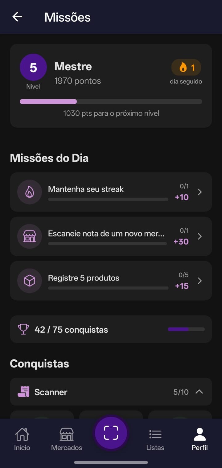 Missões diárias, nível e conquistas no Valuo